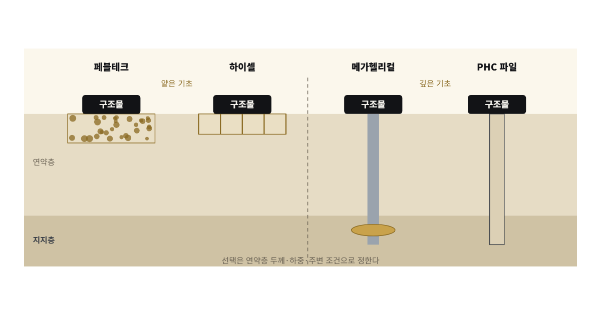 연약지반 보강 공법 비교 도해